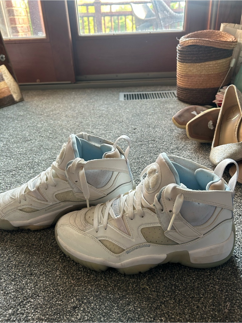 Jordan White High-Top Sneakers with Light Blue Interior
